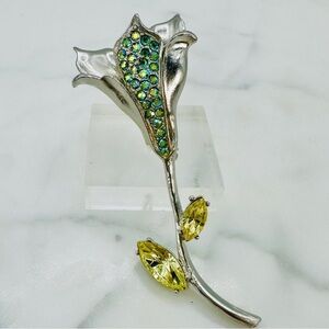 Vintage Cala Lilly Brooch Pin Blue Green AB Rhinestone Petals Yellow Gem Leaves